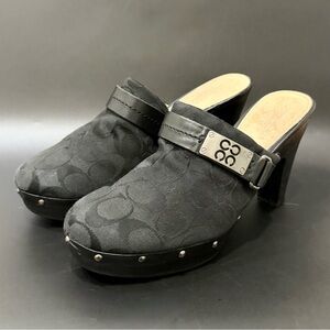 COACH Ivy Black Signature Logo Canvas Studded Wooden Platform Mule Clogs Size 9